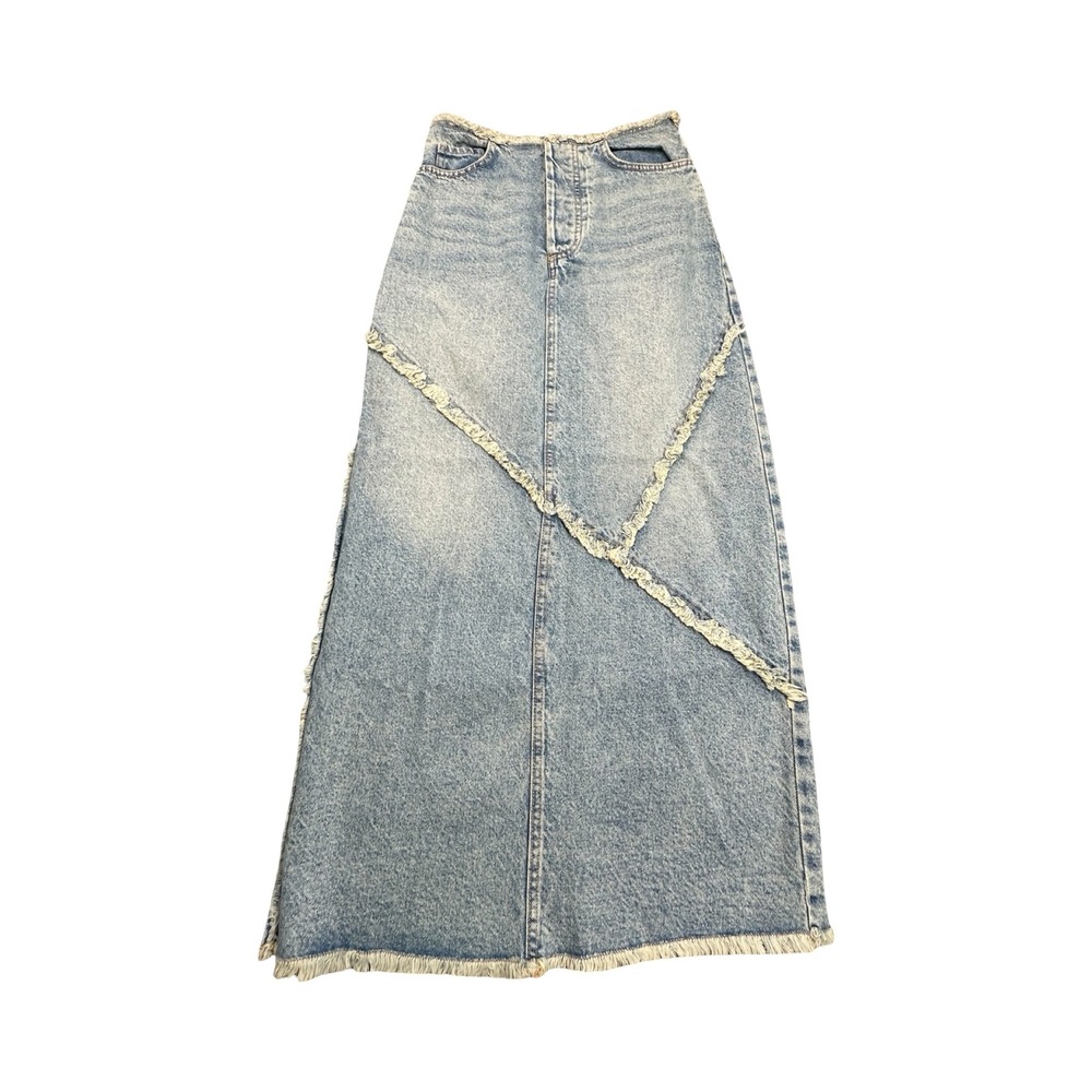 Primark Denim Co Maxi Skirt Womens 26x36 Light Wash Frayed Raw Hem Western